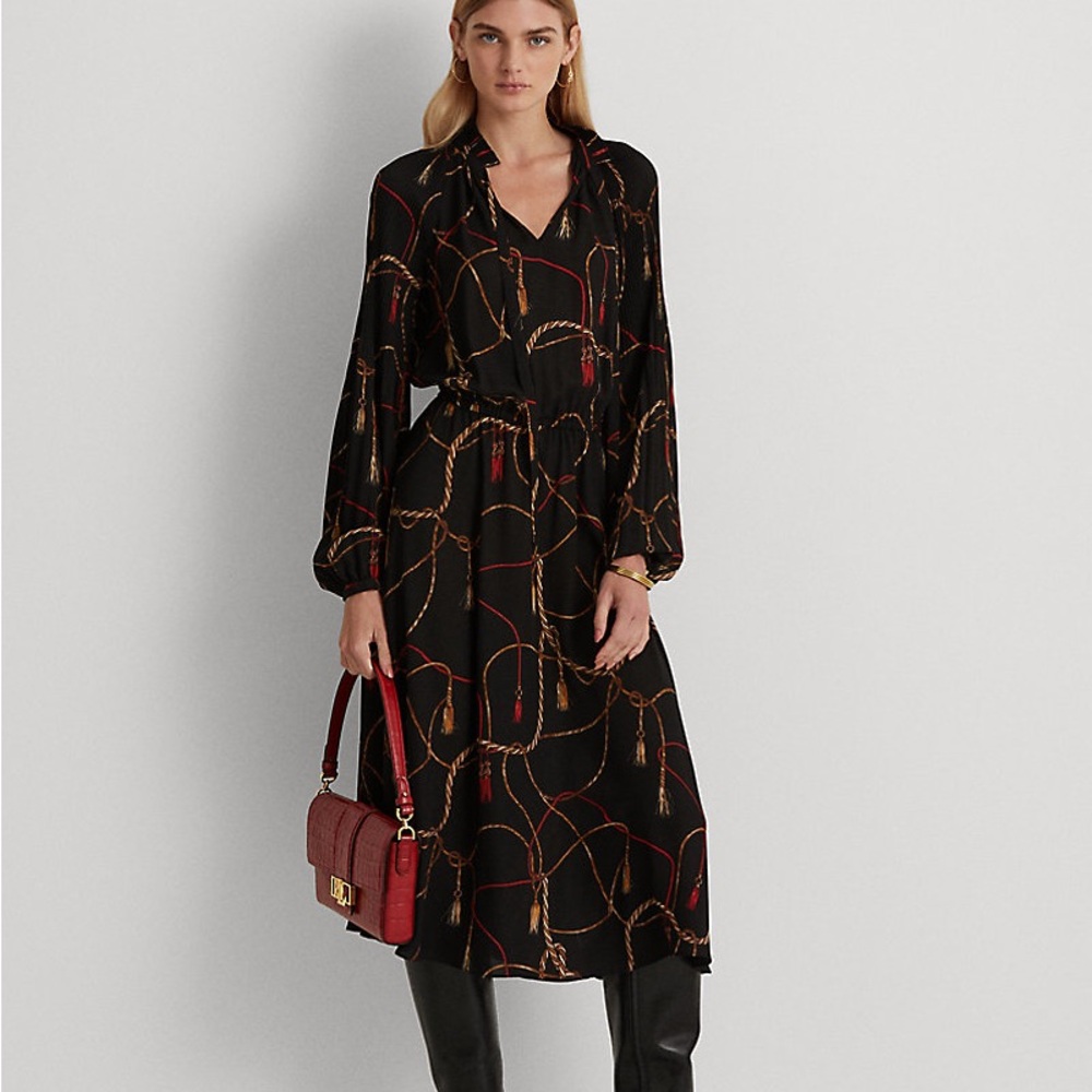 Ralph Lauren Tassel Print Georgette Tie-Neck Dress Black Multi